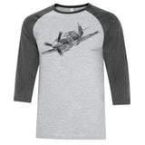 P-40 Warhawk Sketch Adult T-shirt - baseball t grey/grey