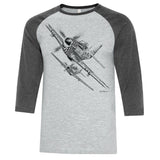 P-51 Mustang Sketch Adult T-shirt - baseball t grey/grey