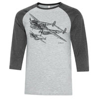 P-38 Lightning Sketch Adult T-shirt - baseball t grey/grey