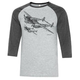 P-38 Lightning Sketch Adult T-shirt - baseball t grey/grey