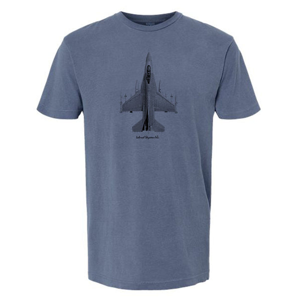 F-16 Falcon Vintage Vertical Garment Dyed Adult T-shirt Blue Jean