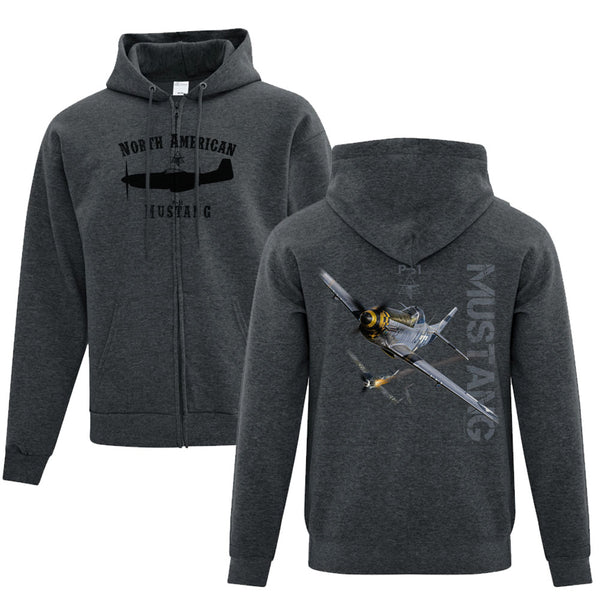 P-51 Mustang Full Zip Adult Hoodie Charcoal Heather